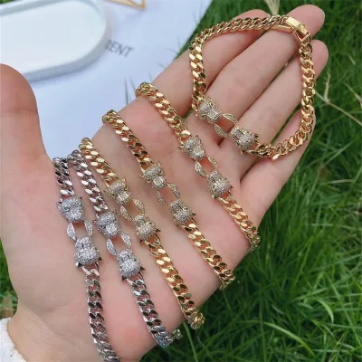 24k Gold Plated CZ Crystal Animal Double Leopard Head Bracelet Micro Pave Cubic Zirconia Leopard Link Bracelet