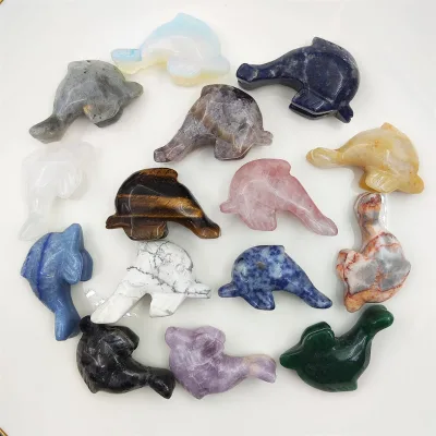 Natural Stone Figurine Crystal Animal Statue Carving Crafts Amethyst Rose Quartz Tiger Eye Dolphin Sculpture Gift Home Feng Shui