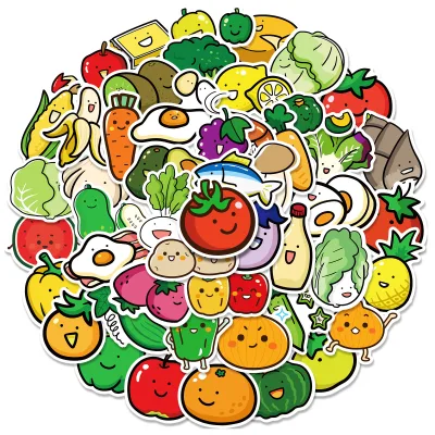 50pcs/bag Mix Lovely Vegetables Food and Fruits Stickers Water Proof Removable Vinyl Stickers for Kids Skateboard Guitar