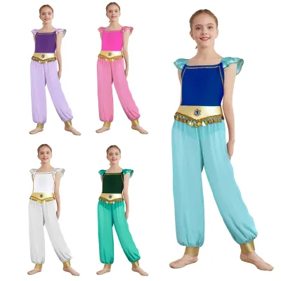 6-16 Kids Girl Dancing Jumpsuit Costumes Arabian Costume Chiffon Long Pants Built-In Briefs For Role Play Cosplay Carnival