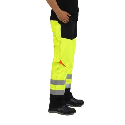 220GSM 100% Cotton FR Safety Work Pants Fluorescent Yellow with Two Silver Reflective Strips Anti-Static Workwear