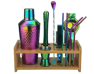 11 - Piece Premium Cocktail Bar Tool Set, 9 - Piece Bartender Set, Bartender Kit with Wooden Stand and Bamboo Stand.