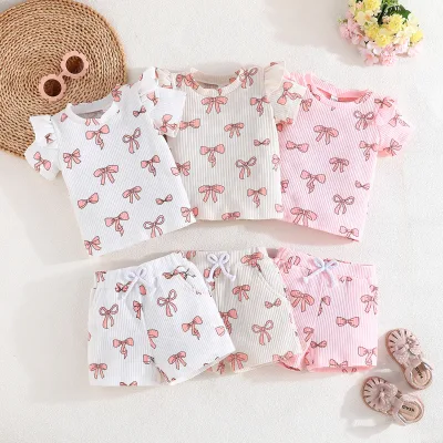 European American Children's Casual Short-Sleeved Tops + Shorts Set Bow Print Summer Fashion Two-Piece Set