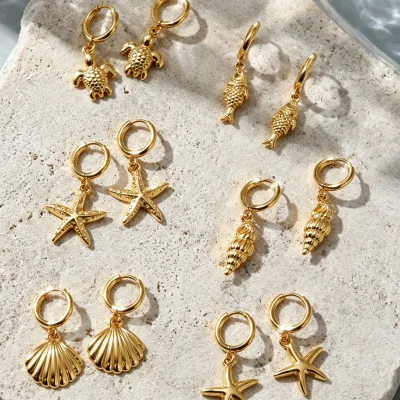 18K PVD Gold Stainless Steel Ocean Charm Hoop Earrings Waterproof Sea Turtle Fish Starfish Shell Huggie Earrings Wholesale