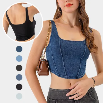 New Breathable Denim Women Sleeveless Square Neck Stretch Slim Fit Cropped Tank Top for Adults Fitness Sports Front Logo