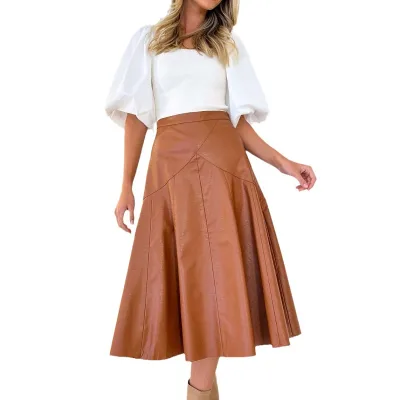 GIMILY OEM&ODM Custom High Waist Mid -length Stitching Pleated Skirt Versatile Umbrella Skirt Pu Leather Skirt for Women