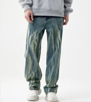 Autumn Style Men's Denim Long Pants Yellow Mud-Dyed and Washed Straight Loose American-Style High Street Casual