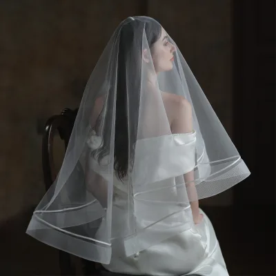 Hot Sell Latest Two Layers Ribbon Edge Tulle Wedding Bridal Veil for Women Lace Wedding Veil