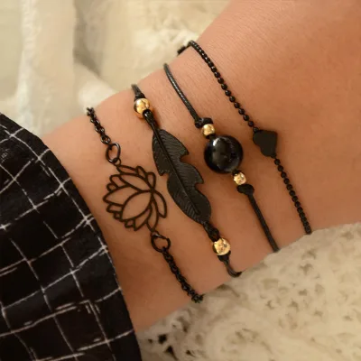 Fashion 4pcs Gothic Black Alloy Charm Feather Lotus Bracelets Set Boho Style for Women Wrist Chain Ankles