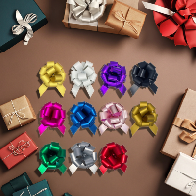 4.5 Inch Dazzling Multi-Color Metallic Bow for Wedding & Birthday Christmas Gift Decorative Ribbon Bows Round Pom Pom & Flower