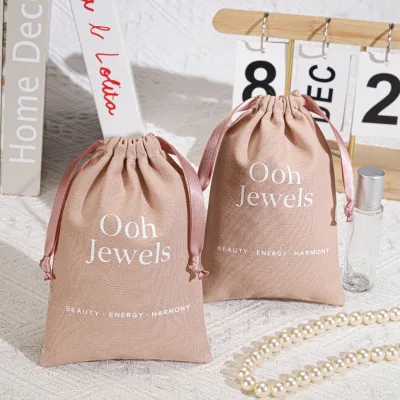 Organic Small Cotton Linen Gift Candle Perfume Storage Pouch Custom Logo Printed Linen Muslin Dust Drawstring Bags