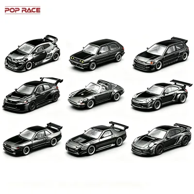 POPRACE 1:64 Scale Dark Chrome RX7 CIVIC PANDEM RWB GTR GT500 EG6 Diecast Model Car Alloy Miniature Vehicle Collection Toy