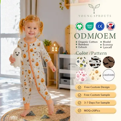 Toddler Girls Organic Cotton Zip Up Toddler Romper Pumpkin Ghost Print Family Photo Outfit Low MOQ Custom Print OEKO-TEX