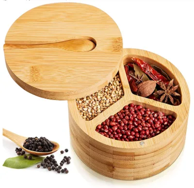 Magnetic Lid Round Bamboo Spice Storage Jar Spice Jars With Spoon Bamboo Spice Jars