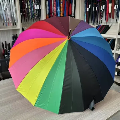 25-Inch Luxury Straight Pongee Folding Umbrella Semi-auto. Open 16K Panels Metal Frame Rainbow Design for Beach and Giveaways