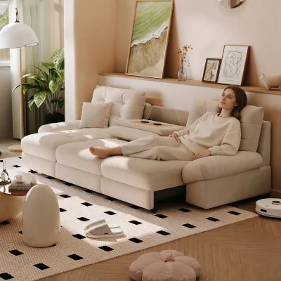 Cream Cloud Fabric Power Reclining Straight Sofa Bed Retractable Multi Function Apartment Cream Style Living Room Furniture