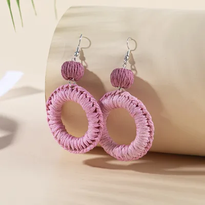 Handmade Bulk Beach Handmade Geometric Round Teardrop Boho Raffia Woven Earrings Weaved Rattan Earrings