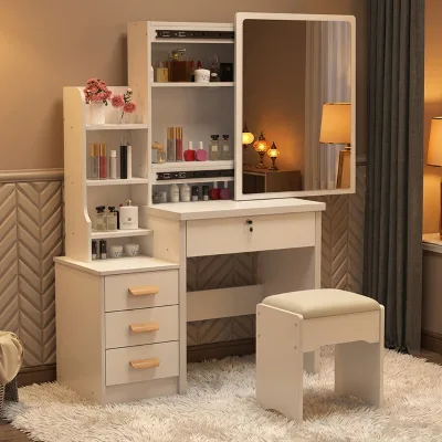 Modern Minimalist  Vanity Table, LED Lighted Makeup Dressing Desk with Integrated Sliding Mirror & Storage Cabinet for Bedroom