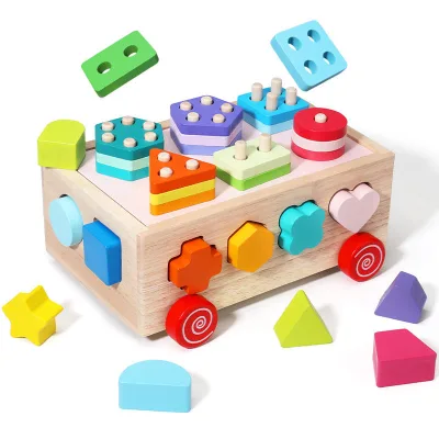 Multifunctional Wood Kids Geometric Shape Color Sorter Matching Blocks Car Educational Learning Toy