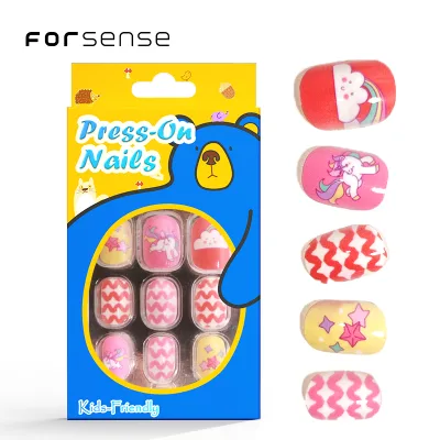 cute cartoon print children fake nail tips baby pink unicorn designs short press on nails for kids lucky fairy beige false nails