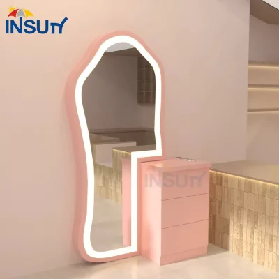 Irregular Wavy European Glass Salon Mirror with LED Light Durable Salon Styling Station with Drawer Cabinet for Barber Shop