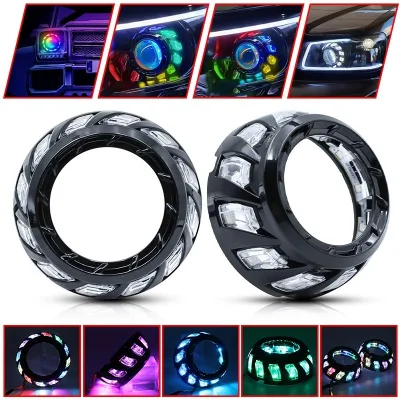 EURS 3 Inch Car Motorcycle Dual Beam Lens Angel Eye RGB Spiral Vortex White Yellow Dual Color LED Headlight Decorative Cover