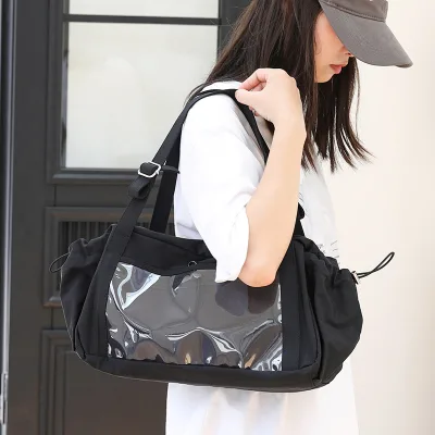 Japanese Korean Style Large Capacity Nylon Zipper Closure Student Fashionable Transparent PVC Shoulder Tote Bag for Women