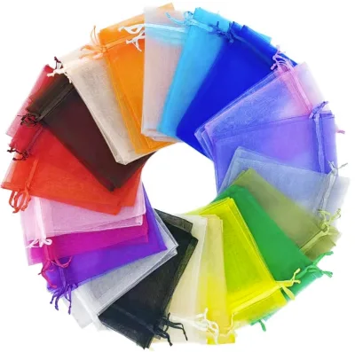 Custom Polyester Organza Drawstring Bag Jewelry Earring Storage Packing Gift Pouch Transparent Mini Embossed Hot Stamped