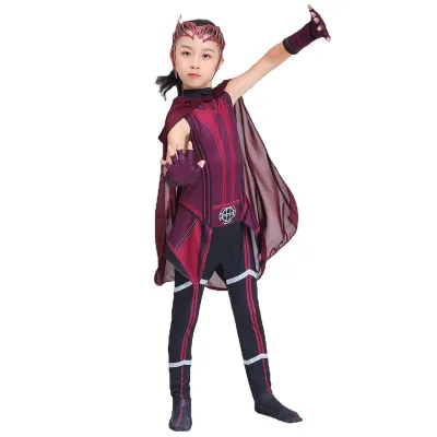 Kids Halloween Cosplay Costume Scarlet Witch Girl Superhero Dress up Onesie With Cloak