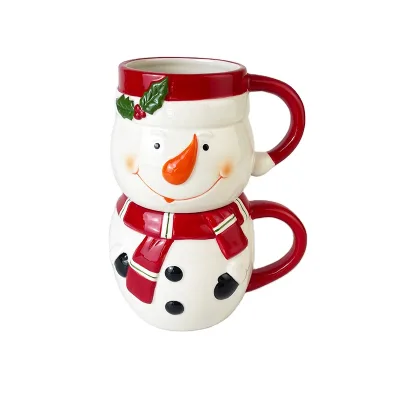 Christmas Snowman Ceramic Mug Set Stackable Design with Red Scarf Hat and Holly Decoration Cute Holiday Gift