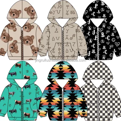Boutique Baby Girls Hooded Tops Autumn Winter French Terry Western Aztec Printed Children Sweatshirt Zipper Coats