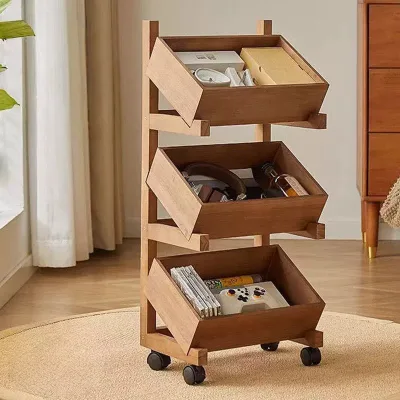 Solid Wood Home Storage Rack 3-Tier Multi-Purpose Movable Bookshelf Shelving Unit Kitchen Fruit Vegetable