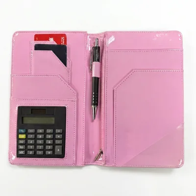 Glossy PU Leather Portfolio Folder With Solar Calculator Pen Slot Multi Card Slots Business Document Organizer Wallet