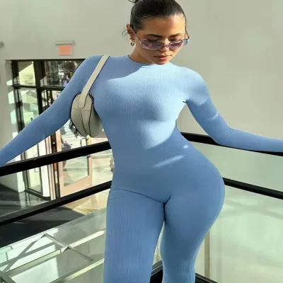 High Elastic Tight Hot Girl One-piece Trousers Women's Fitness Yoga Sports Bottoming Jumpsuit Long Sleeve Round Neck Tights