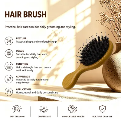 Mini Beech Wood Double Side Hair Brush Boar Bristle Round Metal Pin Cushion Anti Static Detangling Scalp Massage Comb