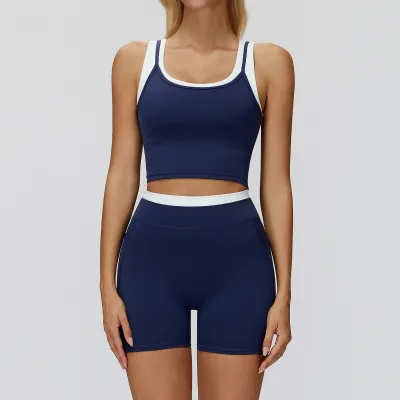 New Two-piece Split Vest Elastic Slim Shorts Customized Contrasting Color Nude Casual Running Sports Yoga Set