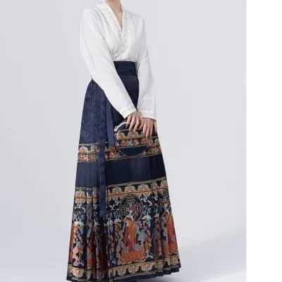 2023 Chinese Style Literature Art Retro Flowing High Waist A-Line Quality Skirts Improved Ming Dynasty Pleated Horse Face Skirt