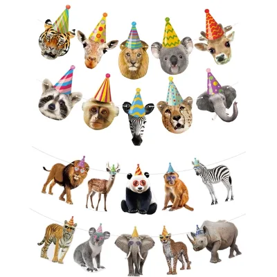 Wildlife Animals Hanging Birthday Paper Banners Flags Signs Garland Ribbon for Jungle Safari Wild ONE Birthday Party Supplies