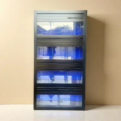 Industrial Solid Freshwater Glass Aquarium Racks | High Capacity Nano Systems Commercial Aquarium System Showroom Glass Panel