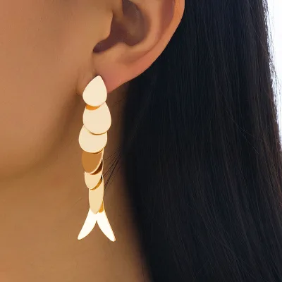Metal Fish Shape Design Round Sequined Tassel Drop Earrings