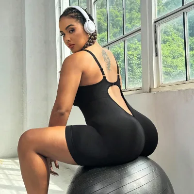 Plus Size Double Strap Backless Yoga Short Jumpsuit Summer  Hight Stretch Breathable Training Bodysuit Y2K Teen Unitard
