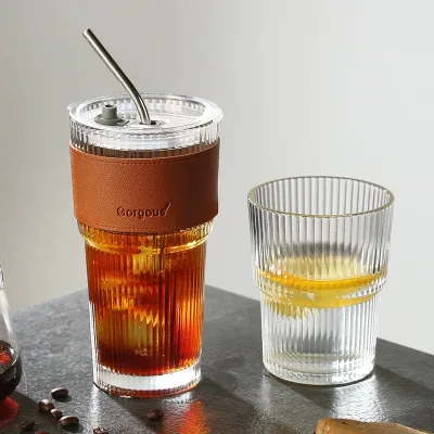 Modern Minimalist Vertical Striped Glass Tumbler Heat Cold Resistant High Appearance Cup With Full Straw and Lid