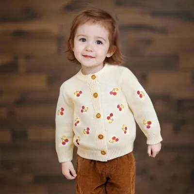 Hongbo Hand Knitted 100% Cotton Baby Girl Cardigan Embroidered Floral Kids Knit Sweater Warm Wool Liner Private Label 2-14Y