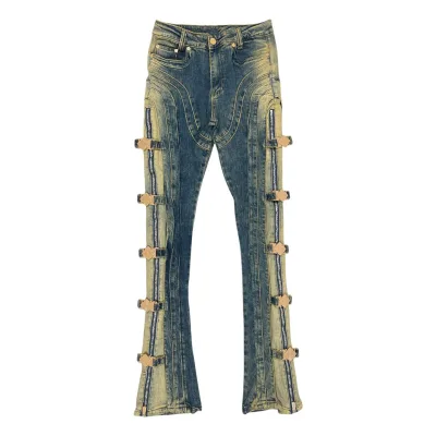 Vintage Blue Slight Flared Denim Jeans Men Custom Jeans Manufactures Distressed Effect Side Buckle Fastening Stacked Pants Retro