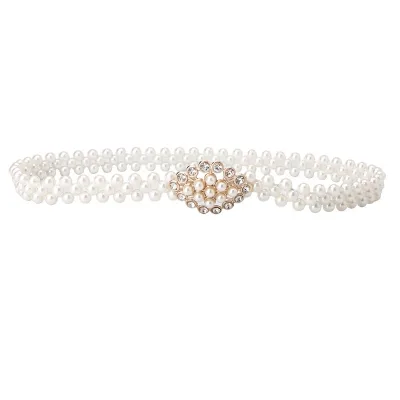 Wholesale Bling Rhinestone Pearl Designer Belt Luxury Fancy Stylish Metal Waist Chain Crystal Buckle Belts Fashion for Woman