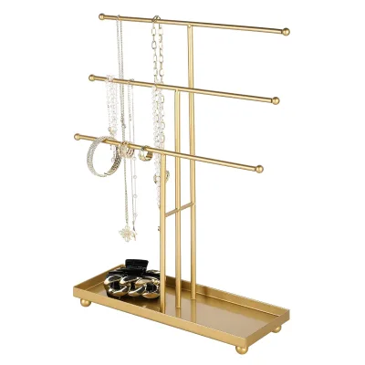 Decorative Accessories Display Stand Metal Jewelry Rack for Earrings Necklaces Storage with Base Tray Home Vanity Organization