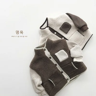 High Quality Kids Color Block Fleece Jacket Front Big Pocket Stand Neck Fleece Baby Jacket