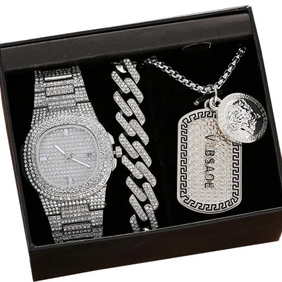 Luxury 3PCS Gold Square Bling Hip Hop Diamond Iced Out Men Watch Set Quartz Watch Necklace Bracelet Set