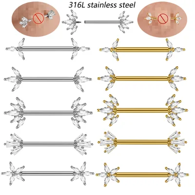 316L Surgical Steel CZ Flower & Marquise Nipple Piercing Jewelry Straight Barbell Unisex