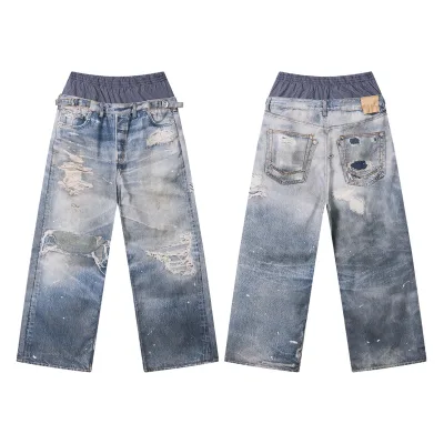 High Street Summer Casual Denim Jeans Hip-Hop Western Cowboy Style Vintage Double Waist Textured Loose Long Pants for Men